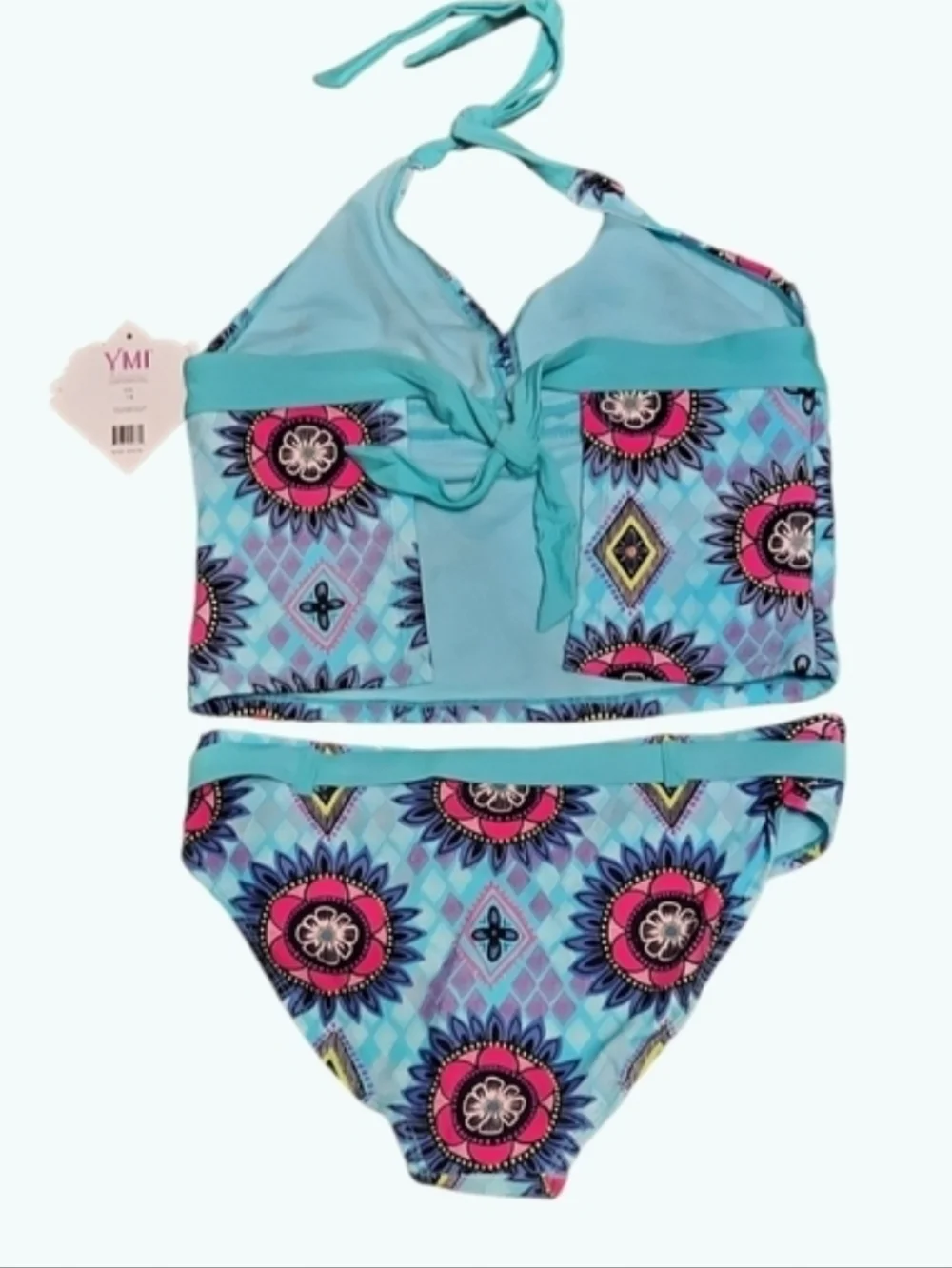 NWT YMI Kids Belted Bikini - Turquoise and Pink Pattern size 14